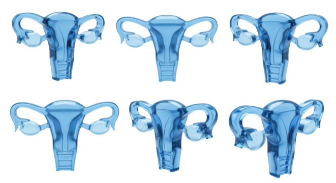 Six 3D rendered models of female reproductive system on white background Used for medical education illustrating anatomy or scientific presentations