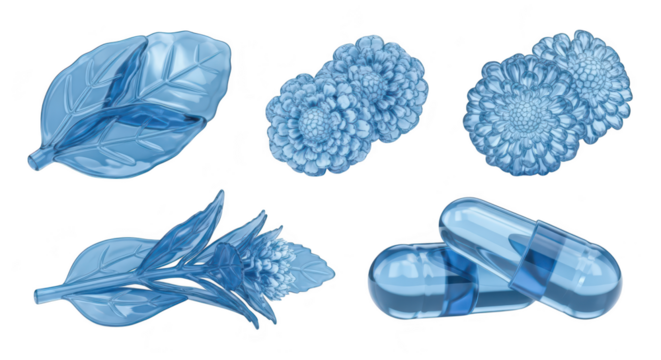 Blue translucent botanical elements and pills arranged on white background symbolizing medicine or science
