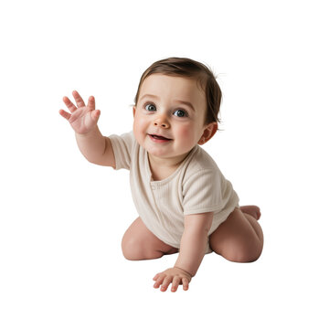 Baby crawling on floor, reaching forward with one hand and supporting with the other&mdash;wearing a white onesie. Set against a transparent background to highlight motion, purity, and early development.