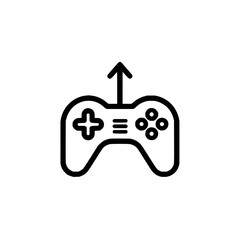 Black outline of a game controller with an upward arrow indicating upload on a white background image