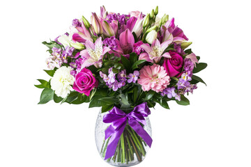 Beautiful bouquet of pink and purple flowers in a glass vase with a purple ribbon isolated on transparent background