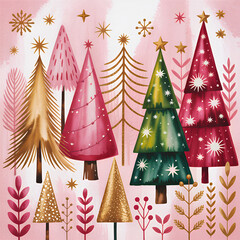 Whimsical Winter Forest in Pink and Gold Watercolor