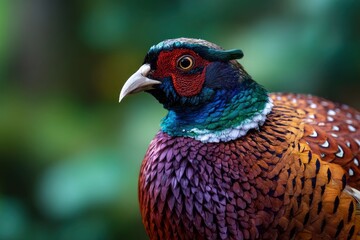 Fototapeta premium Pheasant head and chest showing vibrant plumage against a blurred green background