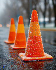 Traffic cones line a slick road covered with ice and snow, indicating a hazardous winter condition in an urban area during the early morning