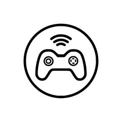 Illustration of a wireless game controller inside a circle with simple black and white design style