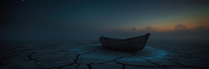 Old Boat on Cracked Earth with Bioluminescent Glow Under Starry Night Landscape