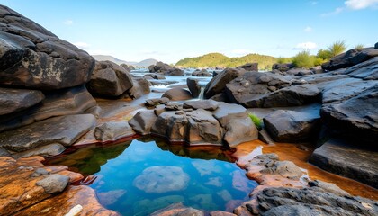 Natural hot spring nestled amongst large rocks, reflecting a vibrant blue sky.