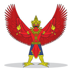 Line art illustration vector concept of red Garuda mythical or legendary creature with half human and bird- Vishnu god carrier in Hindu design drawing in colorful vector