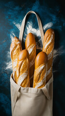 Artisanal Baguettes in Rustic Linen Bag on Teal Background