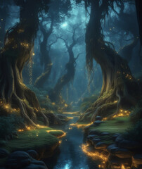 Obraz premium Enchanting twilight forest filled with glowing fireflies and a serene stream in a magical landscape