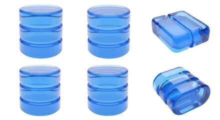 3D render of blue transparent database cylinders isolated on white background representing data storage Suitable for technology and IT concepts