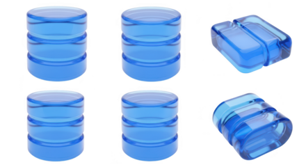 3D render of blue transparent database cylinders isolated on white background representing data storage Suitable for technology and IT concepts