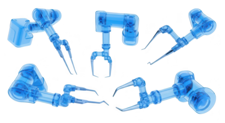 Transparent robotic arms in different positions isolated on white showcasing technology for medical or industrial applications