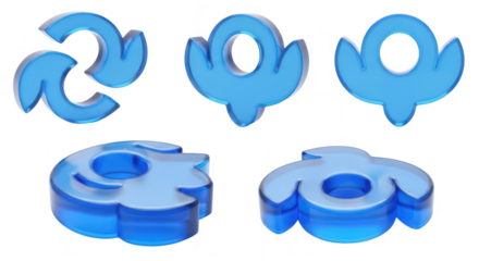 Blue transparent 3D abstract shapes float on a white surface showcasing design elements and futuristic concepts