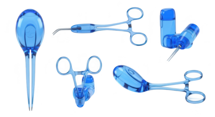 Blue surgical instruments in different positions on a clean white surface showcasing their details for medical use and healthcare purposes