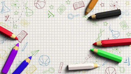 Animated school frame made of colored 3D pencils on a white checkered sheet of paper with drawn icons of office supplies. Loop animation. Copy space.