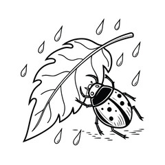 Line art illustration of a small bug sheltering under a leaf during a rain shower on a white background