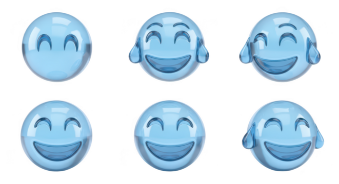 Transparent emoji characters display varying levels of emotion in a sequence against a clean white background ideal for illustrating feelings or reactions