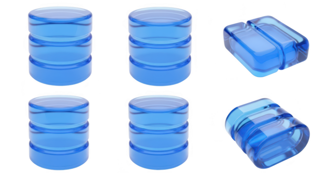 3D render of blue transparent database cylinders isolated on white background representing data storage Suitable for technology and IT concepts