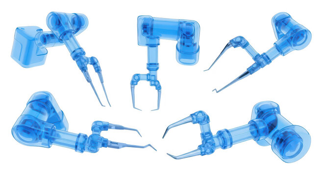 Transparent robotic arms in different positions isolated on white showcasing technology for medical or industrial applications