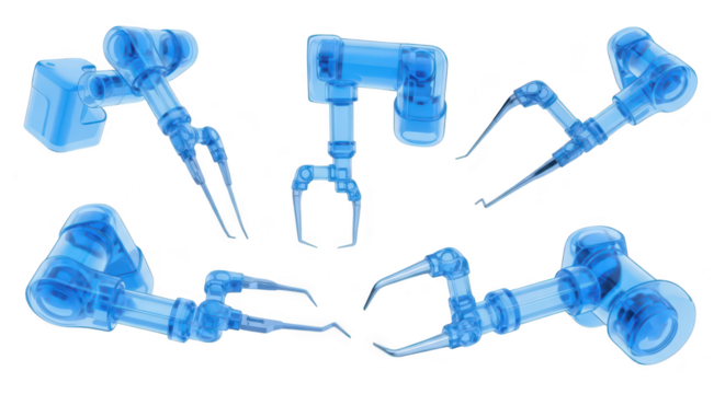 Transparent robotic arms in different positions isolated on white showcasing technology for medical or industrial applications