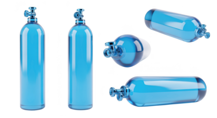 Blue translucent oxygen tanks isolated against a white background used for medical treatment and scuba diving with varied angles