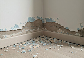 Damaged wall corner revealing peeling paint and exposed surface layers in a residential area