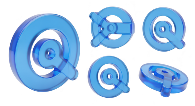 Blue 3D at sign magnifying glass icons in various positions against a white background implying online search or inquiry