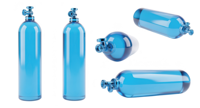 Blue translucent oxygen tanks isolated against a white background used for medical treatment and scuba diving with varied angles