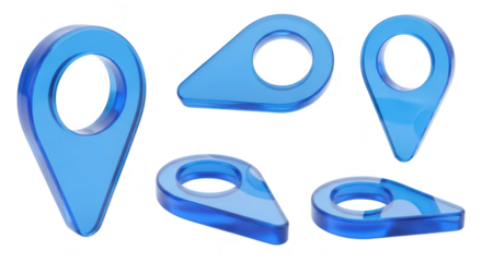 3D transparent blue location markers in multiple angles showcasing navigation isolated on a plain white background for digital map use