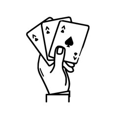 Hand holding three playing cards with ace of spades and other aces in a black and white line drawing