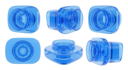 Transparent blue camera lens models in multiple views against a blank white backdrop for design and conceptual illustration purposes