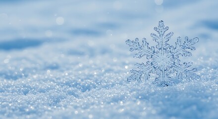 A delicate snowflake rests on a bed of sparkling snow in winter