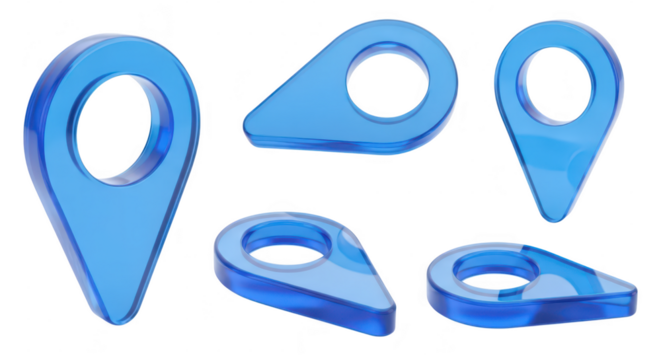 3D transparent blue location markers in multiple angles showcasing navigation isolated on a plain white background for digital map use