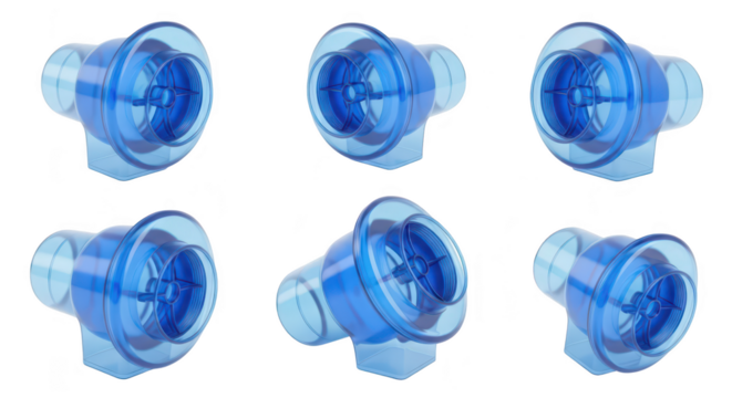 Six blue plastic inhaler spacers in different angles isolated against white background commonly used to improve asthma medicine delivery