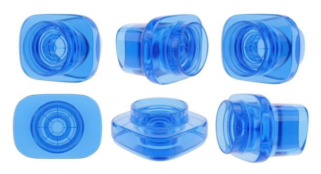 Transparent blue camera lens models in multiple views against a blank white backdrop for design and conceptual illustration purposes