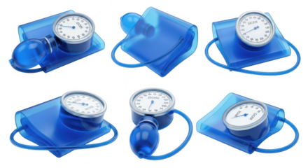 Multiple views of blue blood pressure cuffs isolated on white used for medical health monitoring