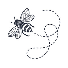Stylized line art of a bumblebee in a zigzag flight path on a white background