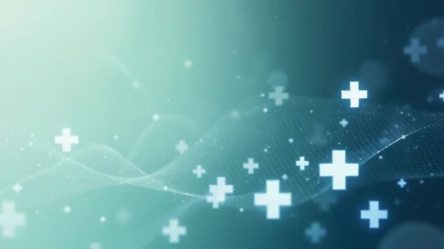 Abstract medical background with glowing white plus signs and ethereal waves on a teal gradient.