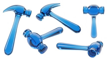 Glass hammers in various positions showcasing their transparency isolated on a white background for creative design or product visualization