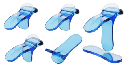 Transparent blue acrylic slipper-shaped phone stands displayed in different positions against white for tabletop gadget support