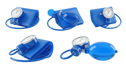 Blue sphygmomanometer on white background showing different angles used for blood pressure measurement
