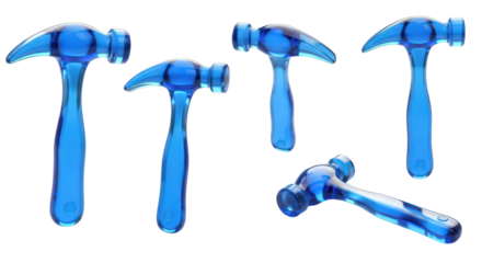 Five translucent blue hammers on a white backdrop showcasing tools for construction home improvement or design concepts