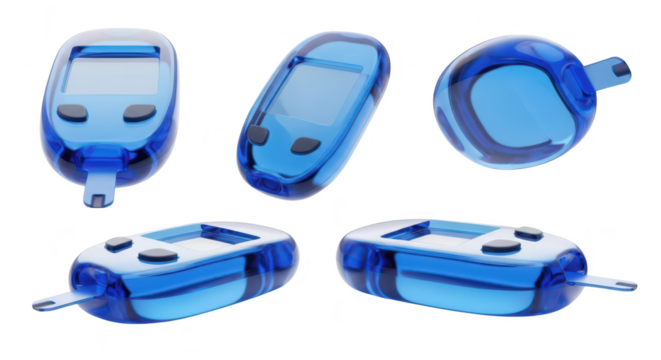 Five isolated clear blue blood glucose meters in different positions against a clean white background showing possible diabetic health monitoring use
