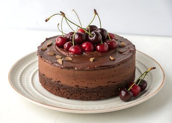 Chocolate cake with fresh cherries on a plate dessert
