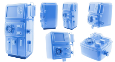 X-ray-style dialysis machine parts isolated on white showing internal mechanisms for healthcare medical treatments and equipment examination