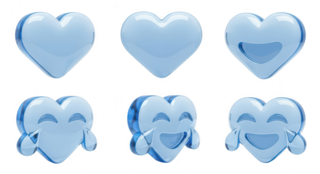 Transparent blue glass hearts in multiple forms including with expressions against a white background for use in design elements