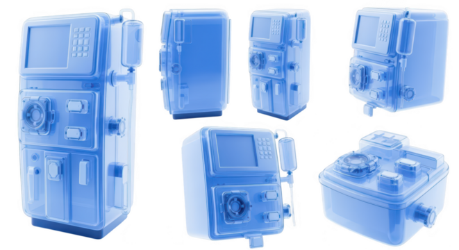 X-ray-style dialysis machine parts isolated on white showing internal mechanisms for healthcare medical treatments and equipment examination