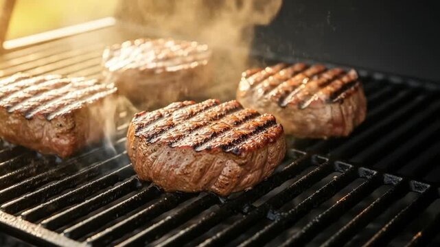 Close-up view of four steaks grilling on a hot barbecue, generating steam.