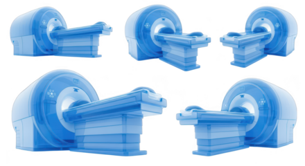 Blue transparent CT scan machines multiple views isolated on white for medical and diagnostic illustrations